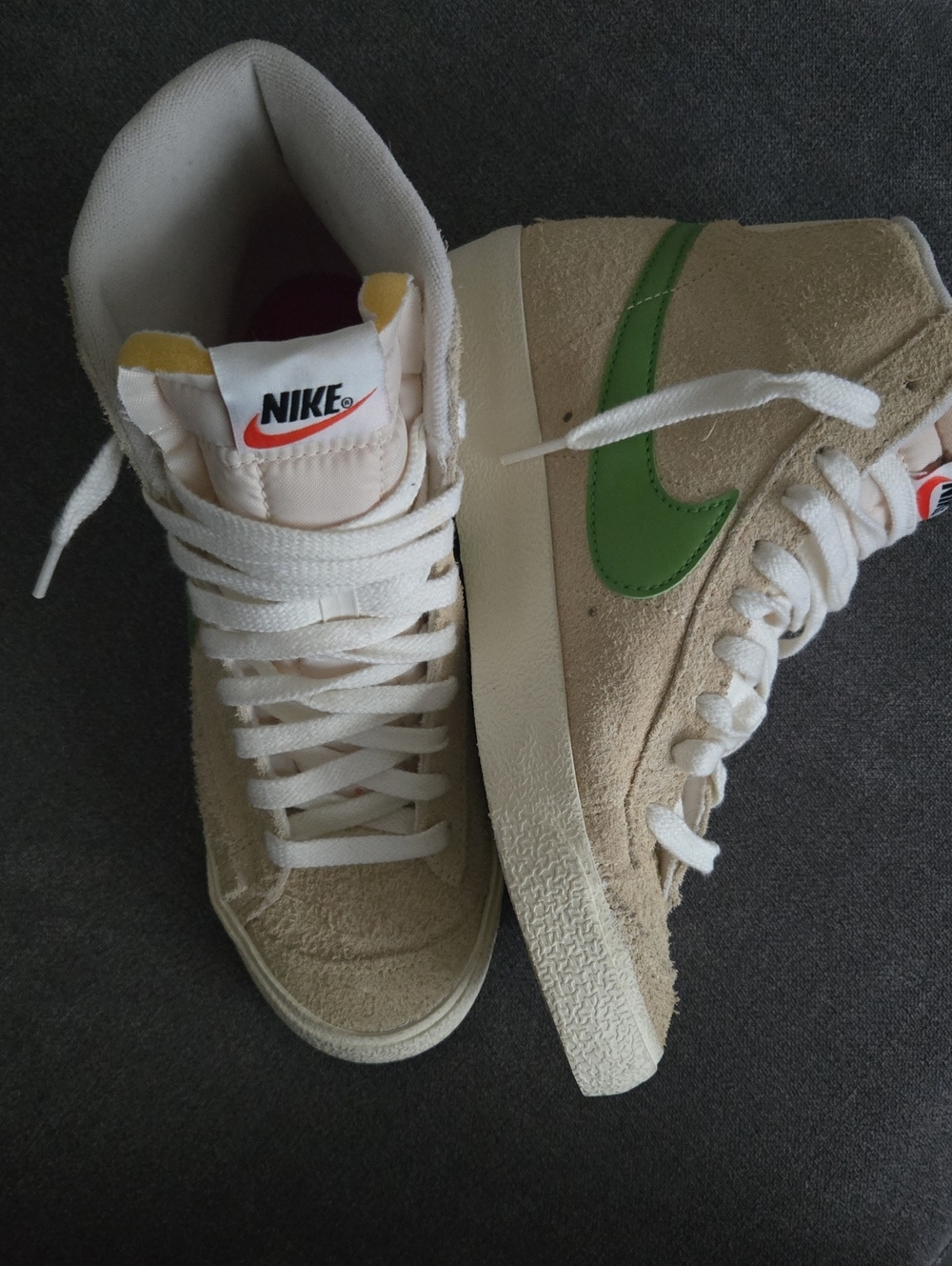 Nike Womens Suede High-Top Sneakers in Beige with Green Swoosh
